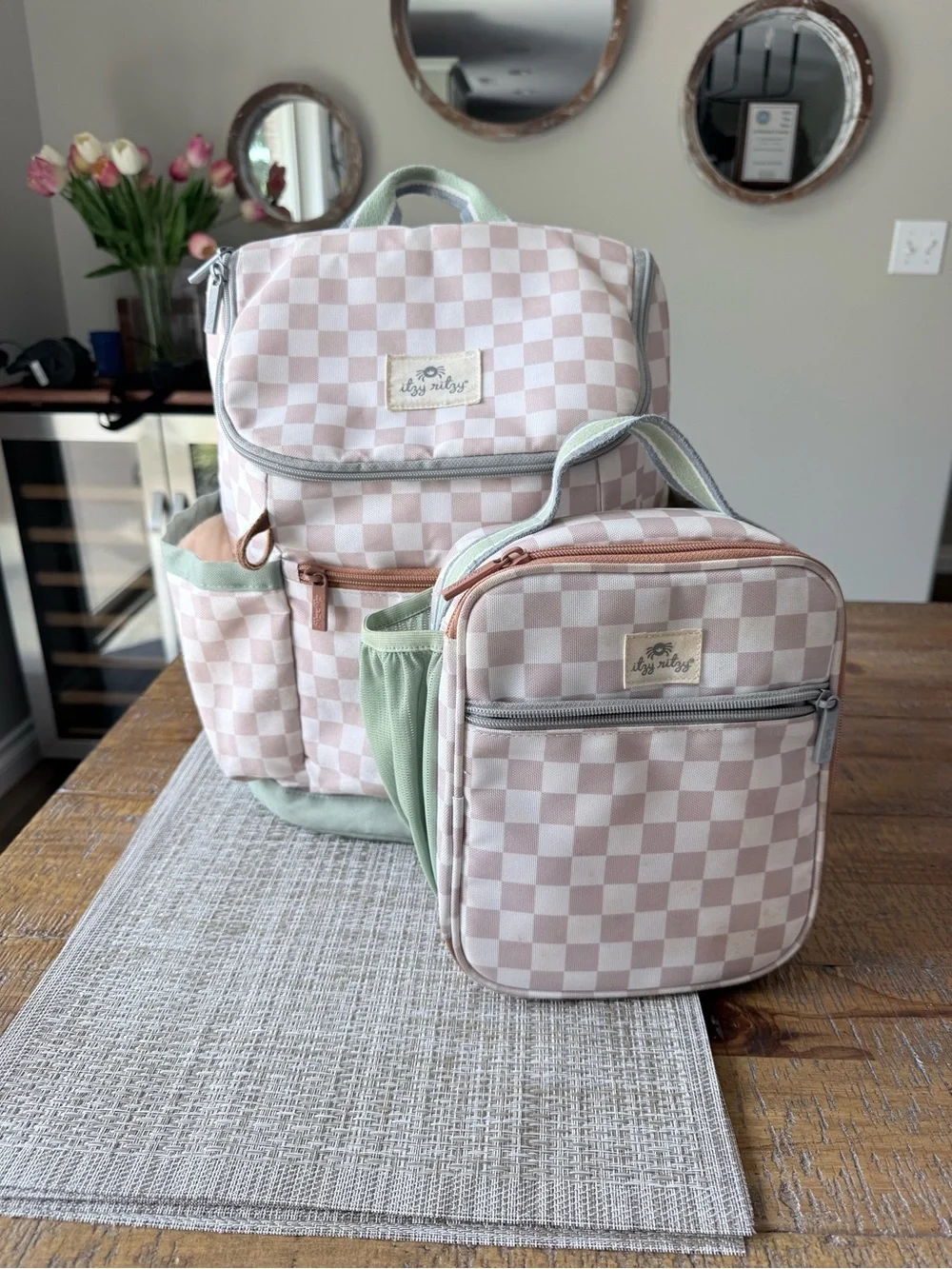 Itzy Ritzy Pink & Cream Checkered Kids Backpack with Matching Lunch Bag